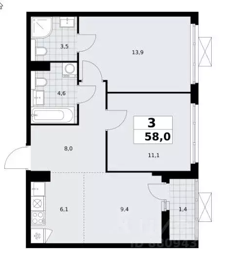 3-к кв. Москва Сосенское поселение, просп. Куприна, 1с1 (58.0 м) - Фото 2