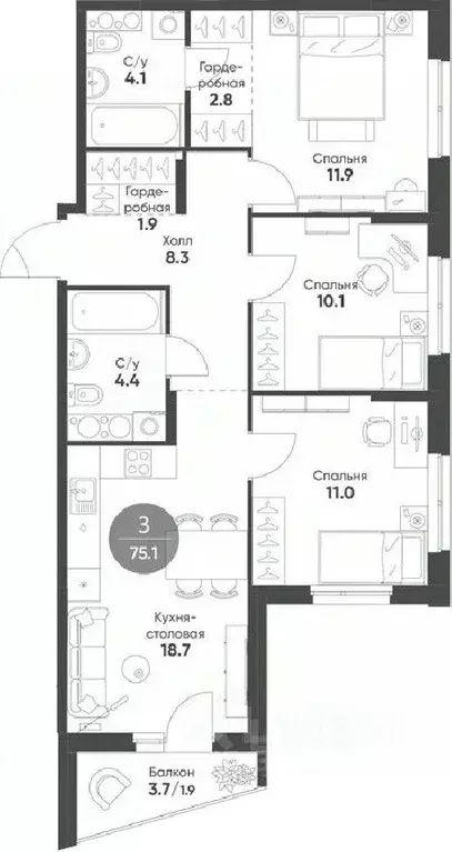 3-к кв. Новосибирская область, Кольцово рп Счастье в Кольцово жилой ... - Фото 1