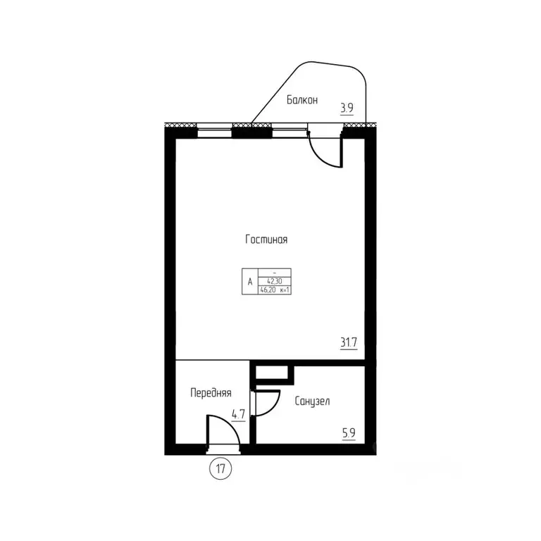 Студия Калининградская область, Светлогорск ул. Верещагина, 8 (46.2 м) - Фото 1