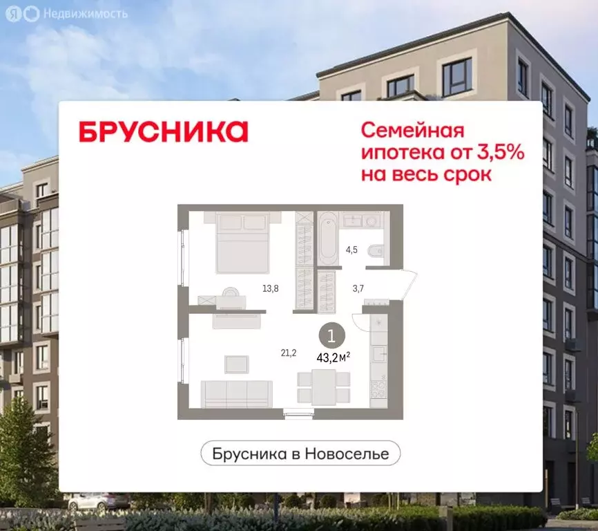 1-комнатная квартира: Новоселье, Петропавловская улица, 15 (43.15 м) - Фото 1