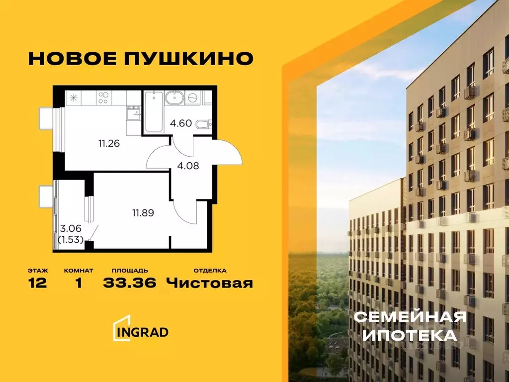 1-к кв. Московская область, Пушкино Новое Пушкино мкр, к20 (33.36 м) - Фото 0