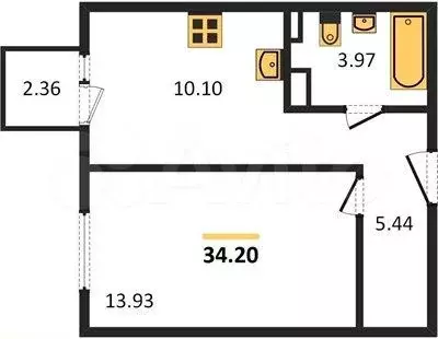 1-к. квартира, 34,2 м, 4/6 эт. - Фото 1