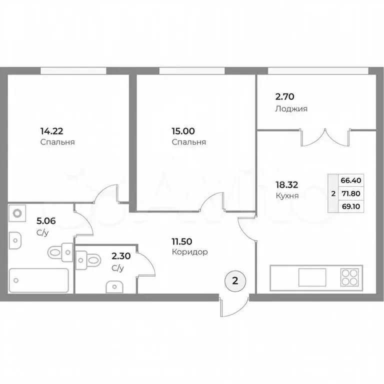 2-к. квартира, 69,1м, 1/4эт. - Фото 1