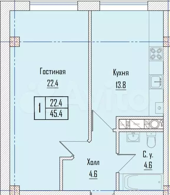 1-к. квартира, 45,4 м, 10/11 эт. - Фото 1