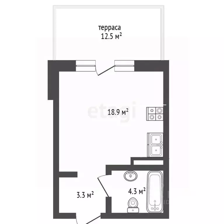 Студия Тюменская область, Тюмень ул. Сергея Свиридова, 11 (26.2 м) - Фото 2