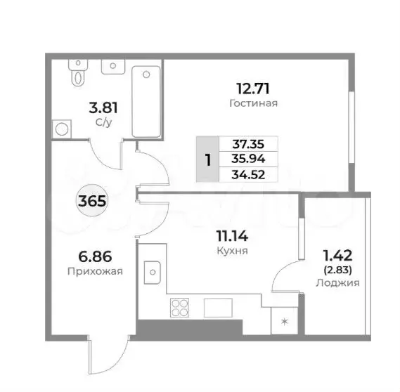 1-к. квартира, 35,9 м, 1/10 эт. - Фото 1