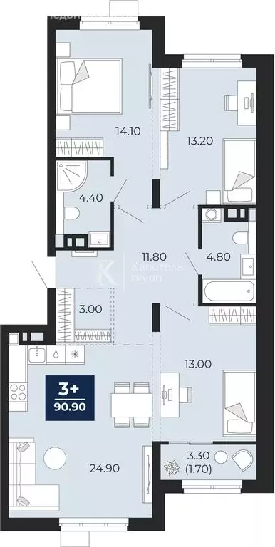 3-комнатная квартира: Тюмень, улица Пожарных и Спасателей, 1 (91 м) - Фото 1