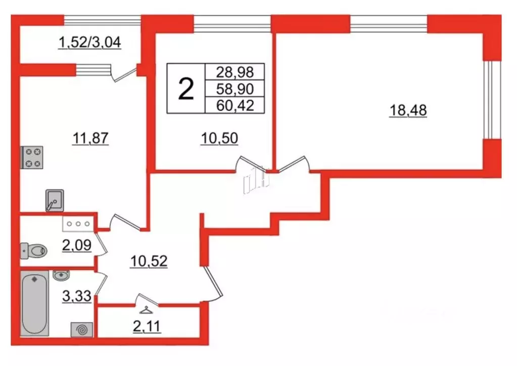 2-к кв. Санкт-Петербург просп. Маршала Блюхера, 3к2 (60.42 м) - Фото 1