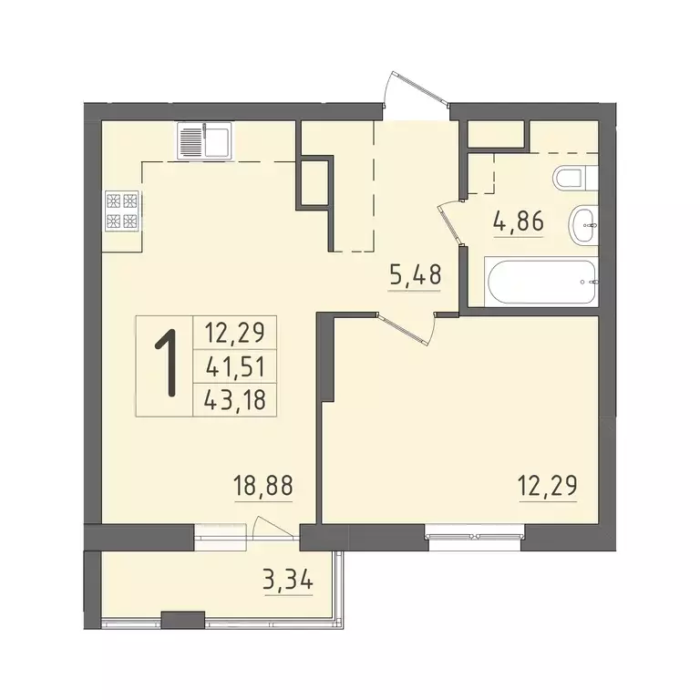 1-к квартира, 43.18 м - Фото 0