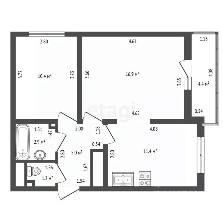 2-к кв. Санкт-Петербург наб. Реки Каменки, 25 (47.8 м) - Фото 2