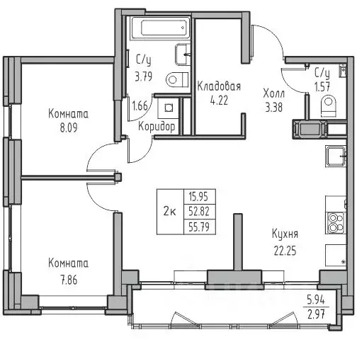 2-к кв. Санкт-Петербург ул. Ивинская, 1к4 (56.05 м) - Фото 1