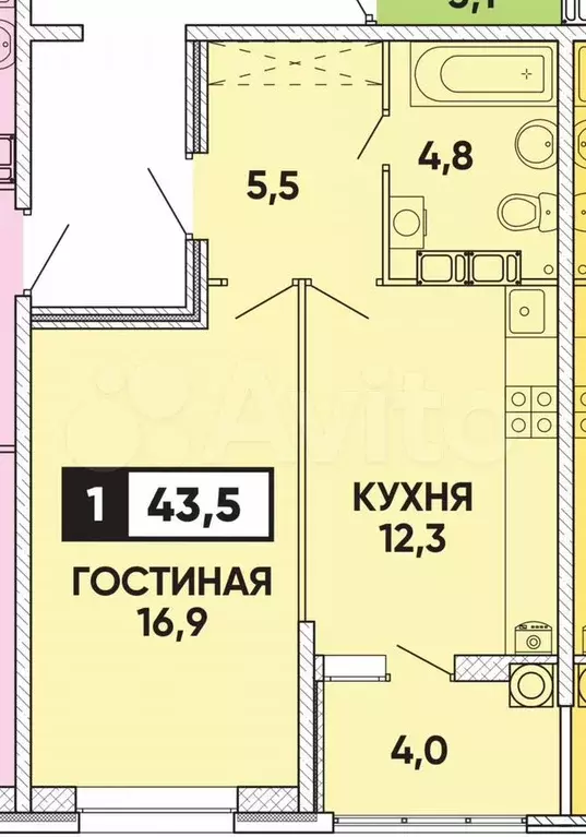 1-к. квартира, 44 м, 15/24 эт. - Фото 0