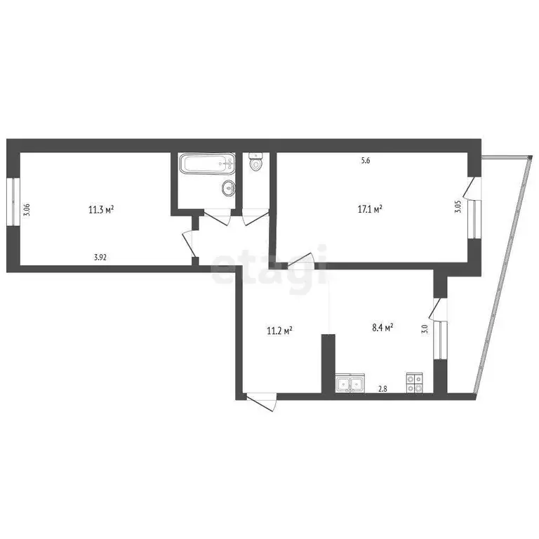 Квартира, 2 комнаты, 51.9 м - Фото 1