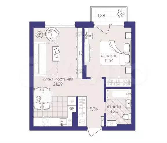 1-к. квартира, 44,4 м, 3/4 эт. - Фото 1