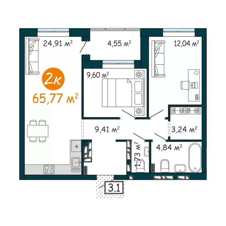 2-комнатная квартира: Тюмень, Краснооктябрьская улица, 8 (66.3 м) - Фото 0