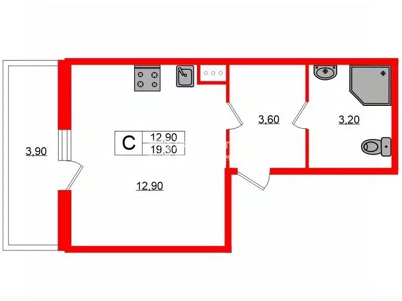 Студия Санкт-Петербург наб. Реки Каменки, 19к3 (19.3 м) - Фото 1