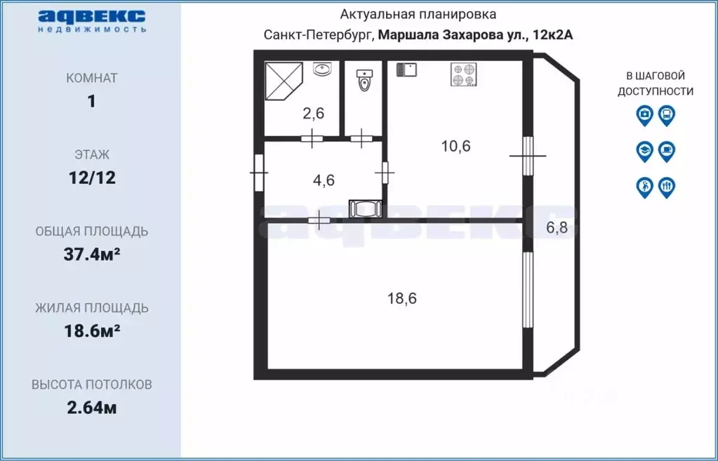 1-к кв. Санкт-Петербург ул. Маршала Захарова, 12к2 (37.4 м) - Фото 1