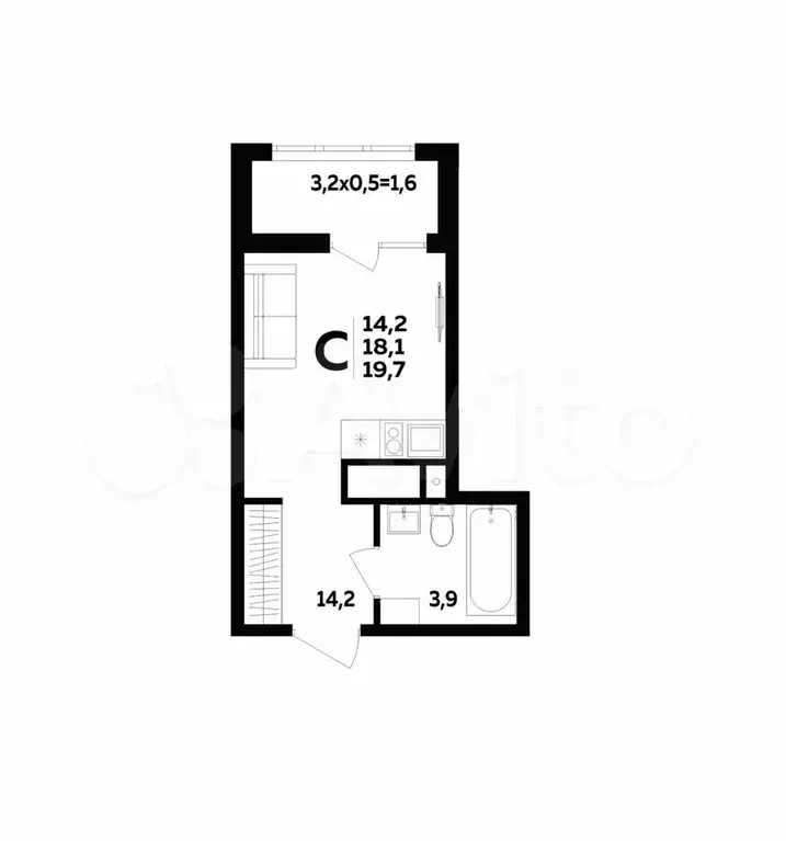 Квартира-студия, 19,7 м, 16/16 эт. - Фото 1