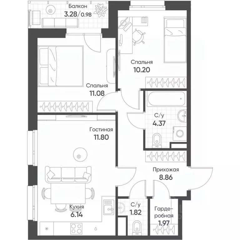 3-к кв. Татарстан, Казань Счастье в Казани жилой комплекс (57.22 м) - Фото 1