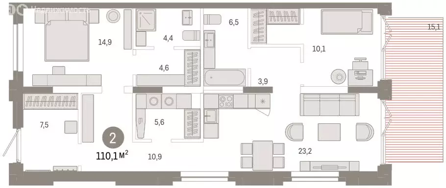 3-комнатная квартира: Тюмень, улица Республики, 205к2 (110 м) - Фото 2