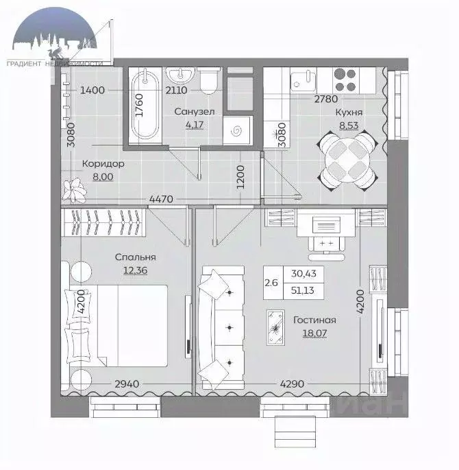 2-к кв. Татарстан, Казань Сказочный лес жилой комплекс, 4.1 (50.67 м) - Фото 2