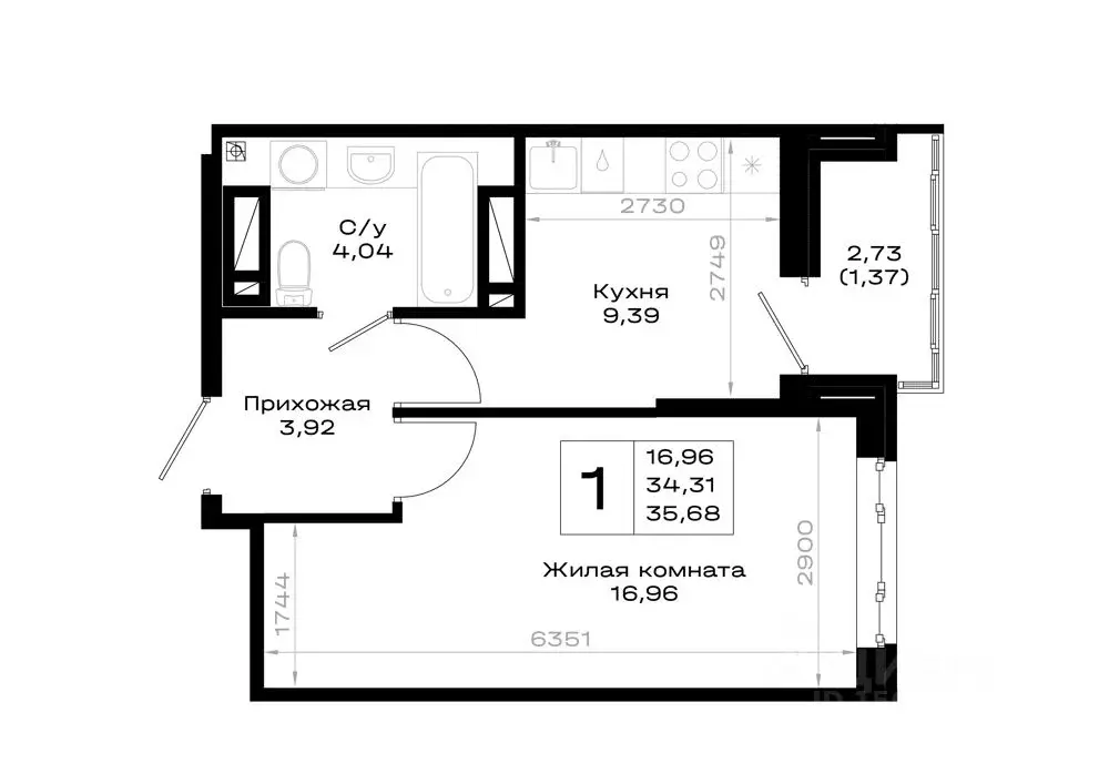 1-к кв. Ростовская область, Ростов-на-Дону Нефтекачка кв-л,  (35.68 м) - Фото 1