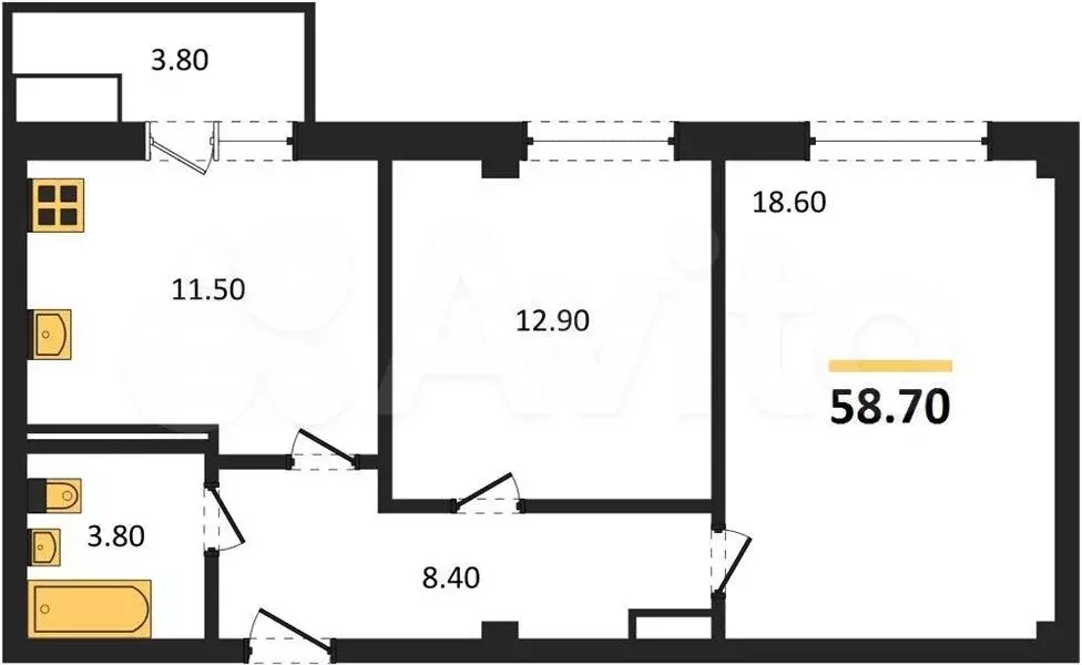 2-к. квартира, 58,7 м, 4/9 эт. - Фото 1