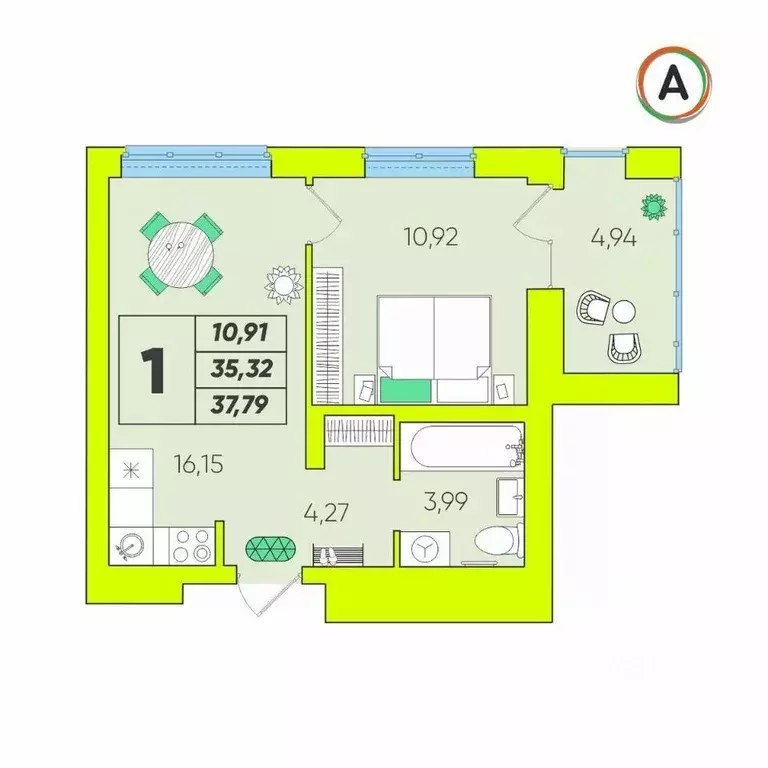1-к кв. Калужская область, Калуга Зеленый жилой комплекс (37.79 м) - Фото 1