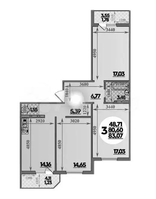 3-к. квартира, 83,1 м, 2/16 эт. - Фото 1