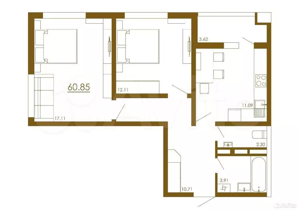 2-к. квартира, 60,9 м, 13/13 эт. - Фото 1