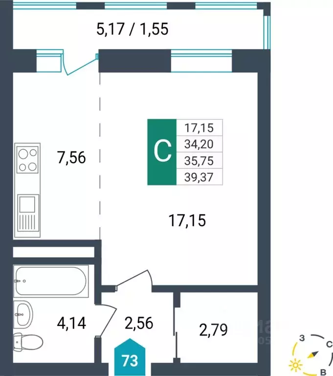 Студия Забайкальский край, Чита ул. Бабушкина, 42Б (35.75 м) - Фото 0