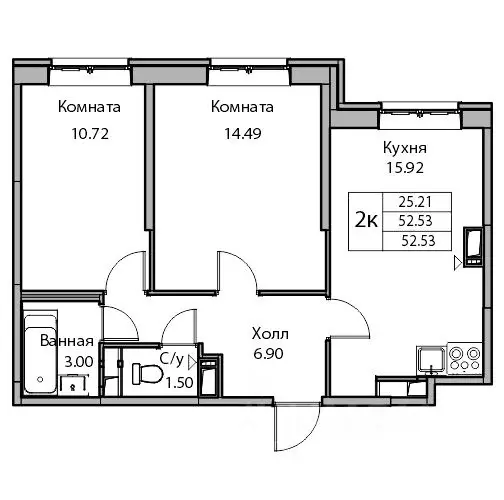 2-к кв. Санкт-Петербург ул. Ивинская, 19к3 (51.9 м) - Фото 1