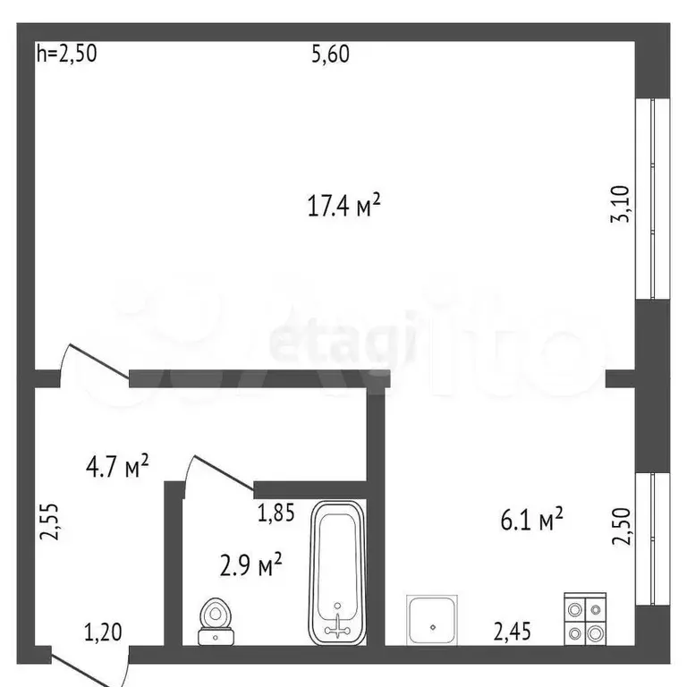 1-к. квартира, 31,6 м, 5/5 эт. - Фото 0