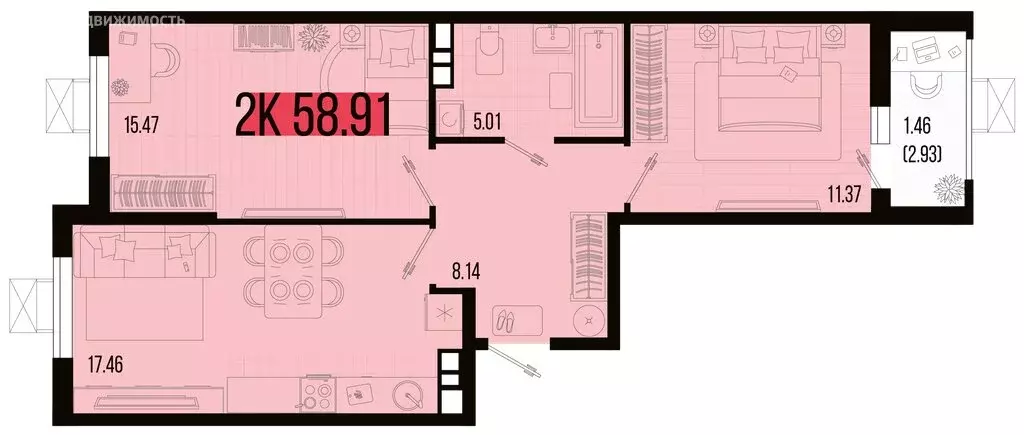 2-комнатная квартира: Северская, ЖК Цветной Бульвар (57.45 м) - Фото 0