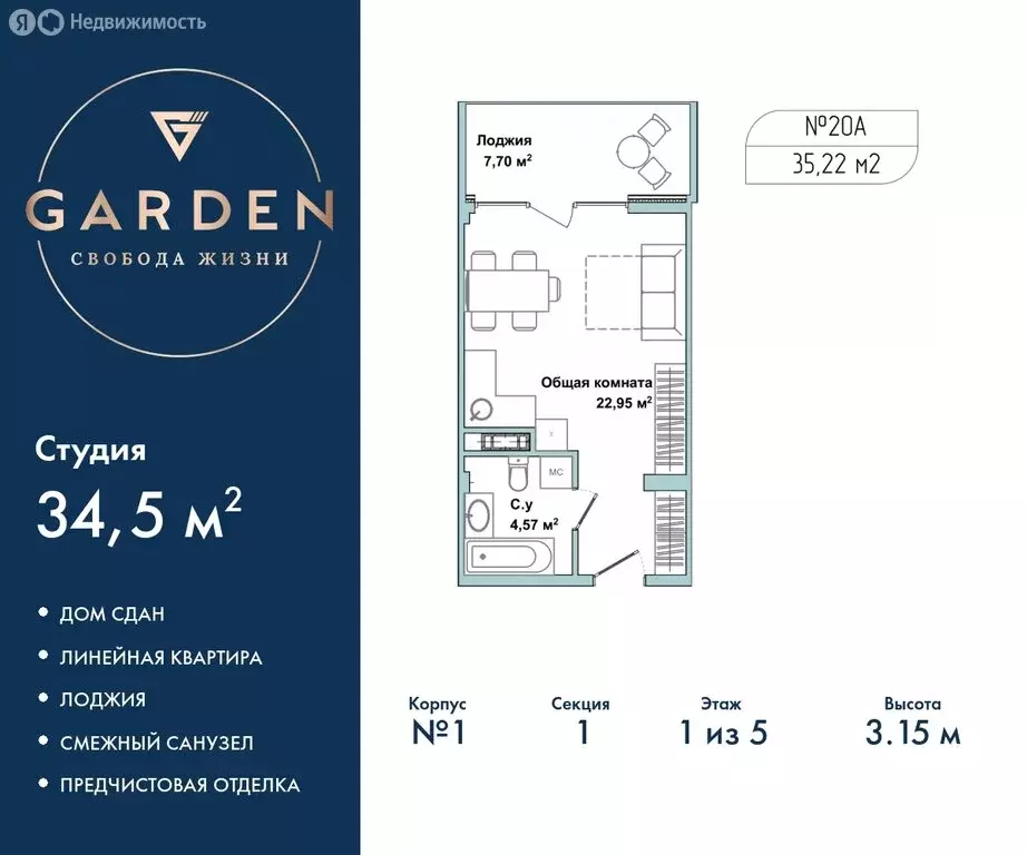 Квартира-студия: Севастополь, улица Лётчиков, 10к3 (34.5 м) - Фото 0