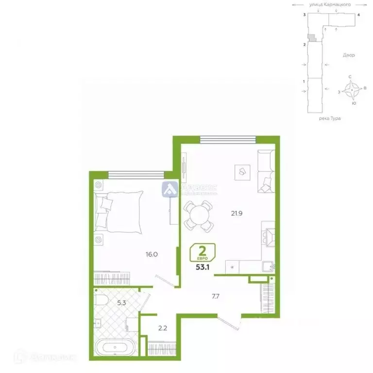 2-к кв. Тюменская область, Тюмень ул. Евгения Войнова, 3 (53.1 м) - Фото 1