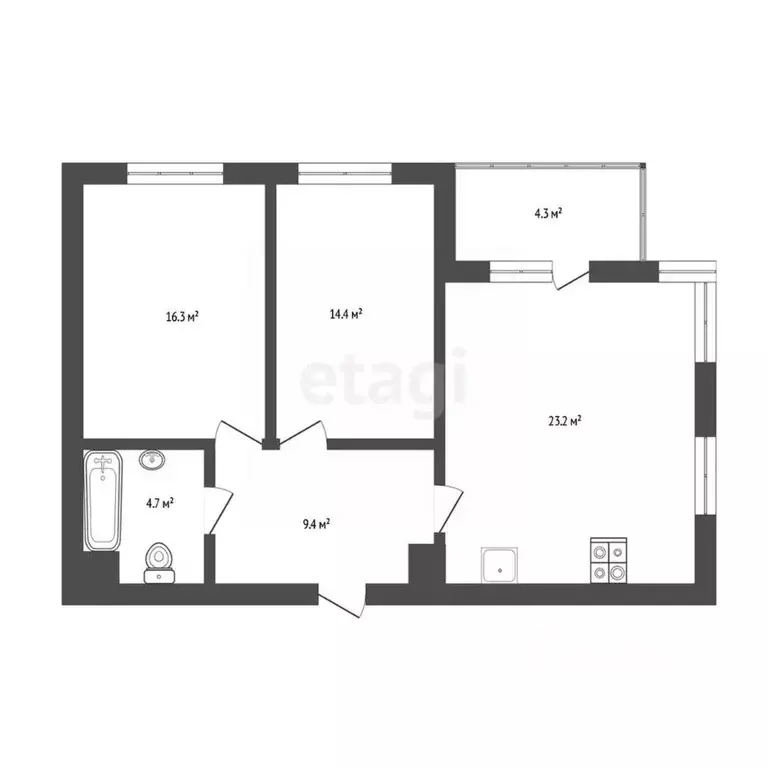 2-к кв. Тюменская область, Тюмень ул. Федюнинского, 30к7 (69.4 м) - Фото 2