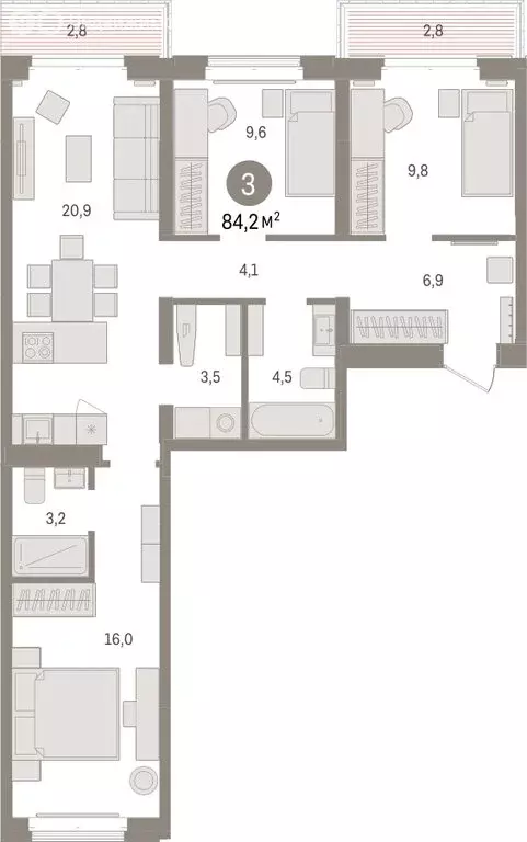 3-комнатная квартира: Тюмень, жилой комплекс На Минской (84.16 м) - Фото 1