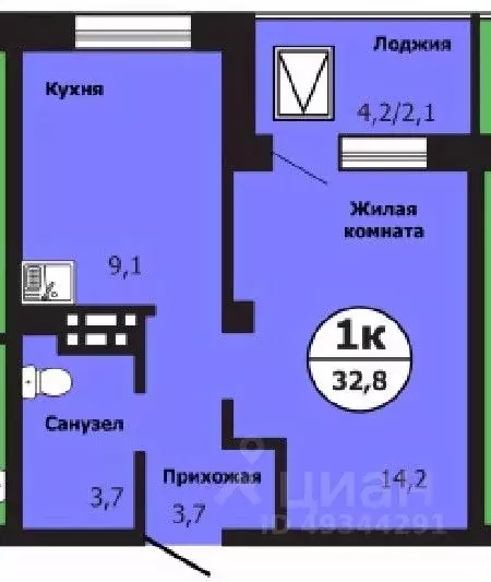 1-к кв. Красноярский край, Красноярск ул. Лесников, 51Б (32.9 м) - Фото 0
