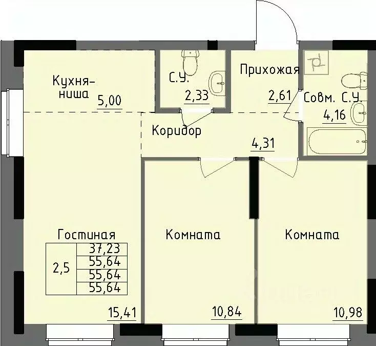 2-к кв. Удмуртия, Ижевск Строитель жилрайон, 4-й мкр,  (55.64 м) - Фото 0