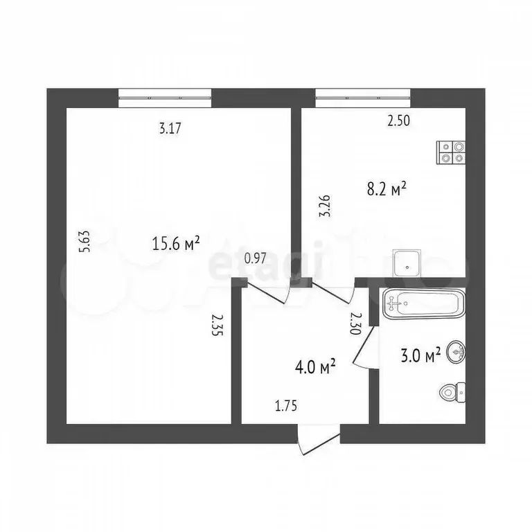 1-к. квартира, 30,6 м, 3/9 эт. - Фото 0