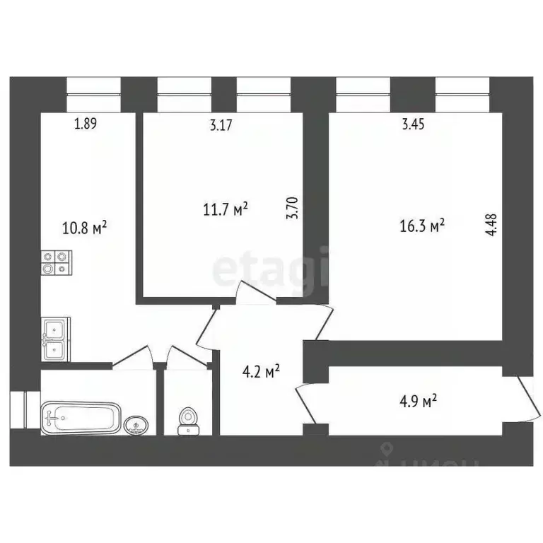 2-к кв. Псковская область, Псков Октябрьский просп., 12 (52.9 м) - Фото 2