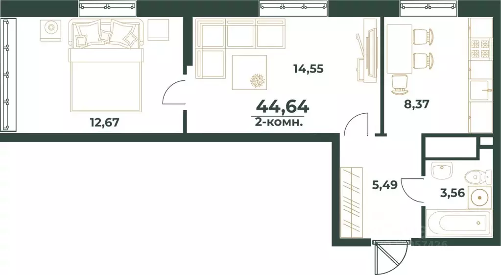 2-к кв. Башкортостан, Уфа ул. Ивана Спатара, 14 (44.64 м) - Фото 1