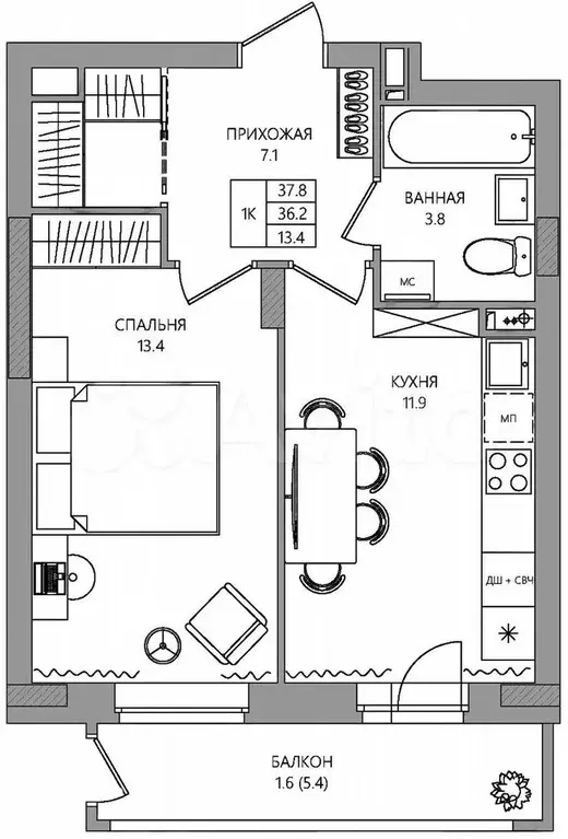 1-к. квартира, 37,8 м, 2/9 эт. - Фото 0