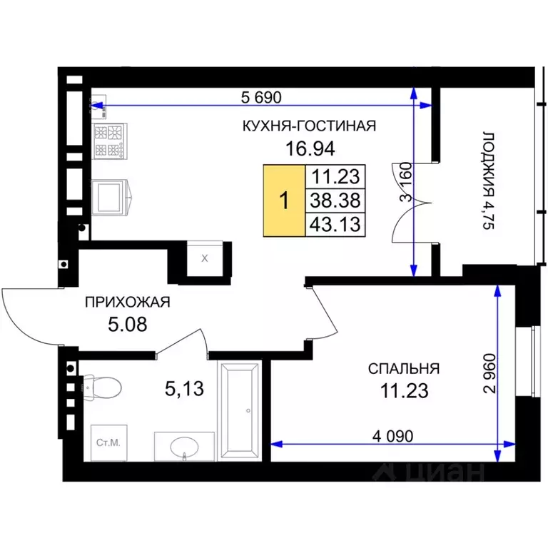 1-к кв. Калининградская область, Гурьевск Включи жилой комплекс (43.13 ... - Фото 0