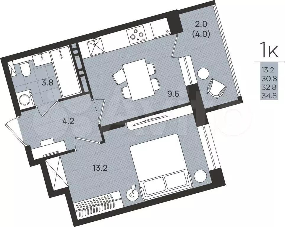 1-к. квартира, 32,8 м, 4/8 эт. - Фото 0