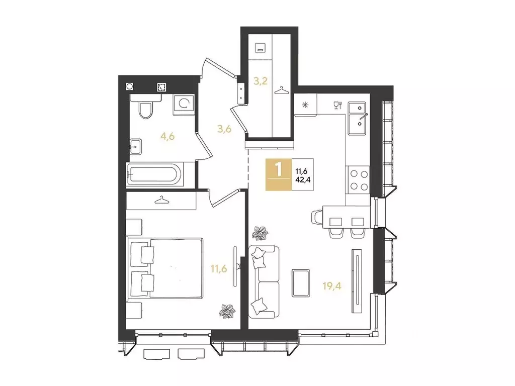 1-к кв. Краснодарский край, Краснодар Самолет кв-л,  (42.4 м) - Фото 1