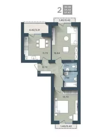 2-комнатная квартира: Калининград, улица Сержанта Мишина, 81к3 (57.5 ... - Фото 0