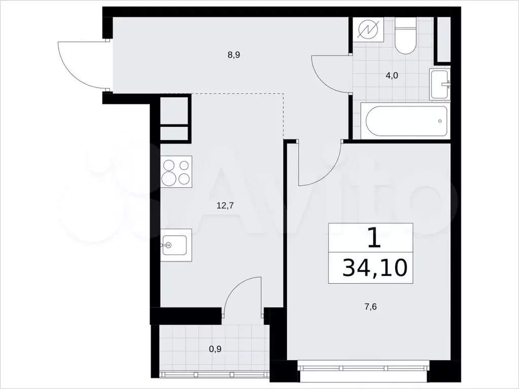 1-к. квартира, 34,1 м, 8/9 эт. - Фото 1