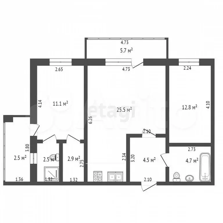 2-к. квартира, 74,6 м, 2/3 эт. - Фото 0